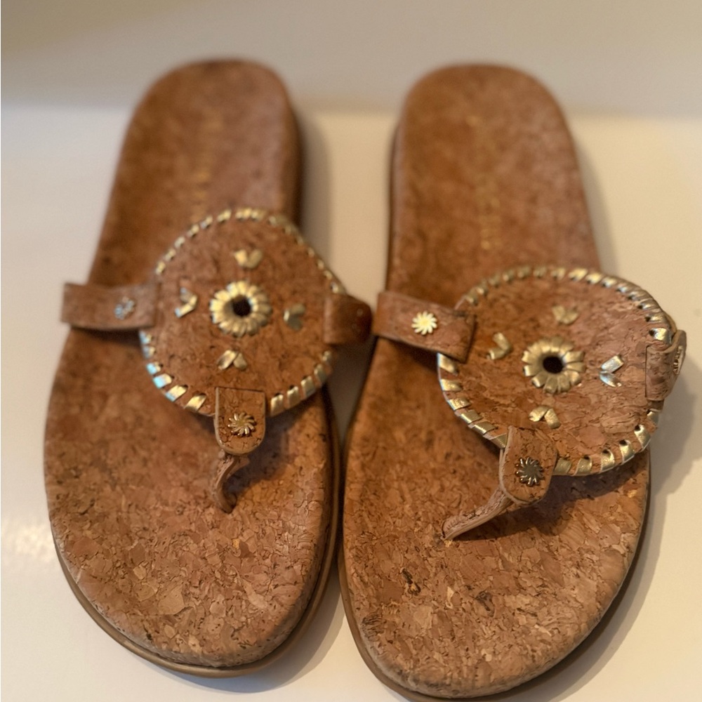 Jack Rogers Cork Brown Gold Metallic Studded Thong Sandals Women’s 9 NEW